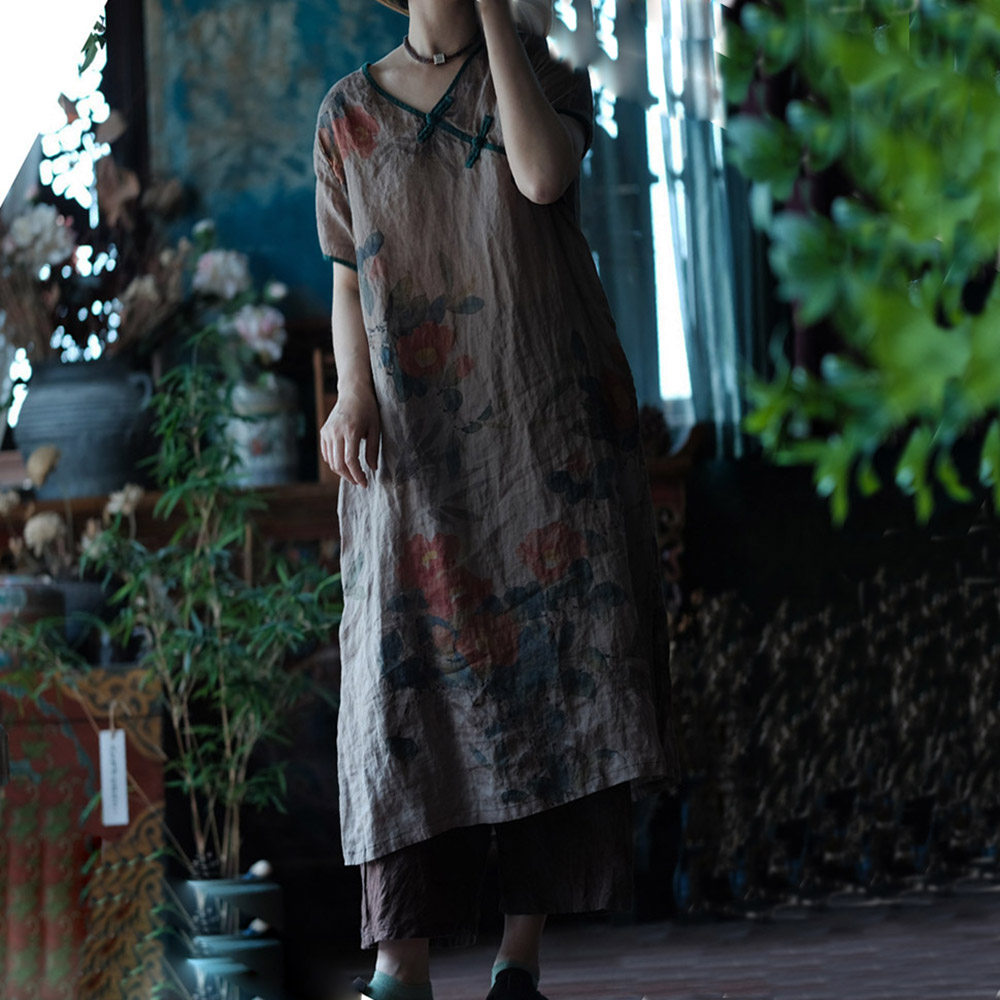 复古轻薄苎麻印花短袖连衣裙女夏