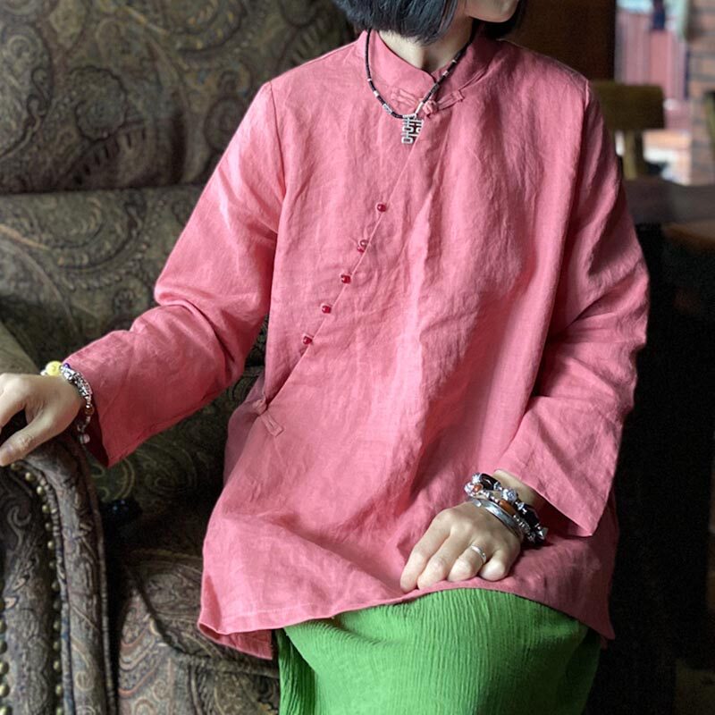 春夏季纯色长袖衬衫女 中式立领斜襟复古小衫薄款苎麻宽松上衣秋