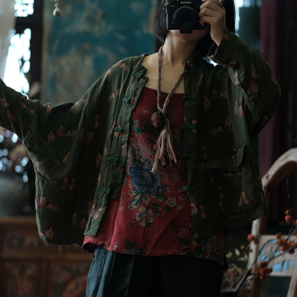 春夏纯棉印花宽松版短外套女复古