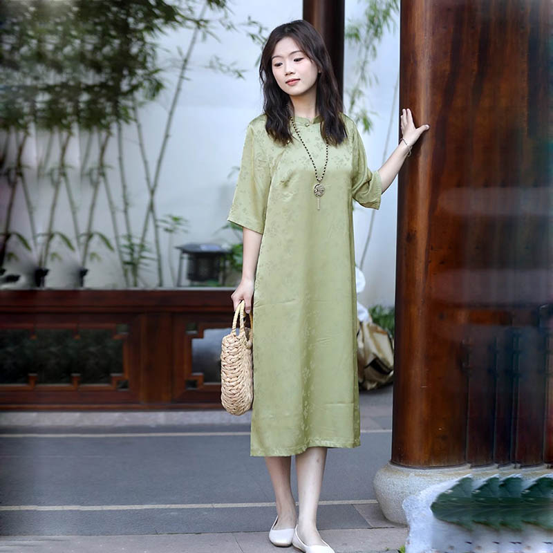 文艺中式宽松半袖连衣裙女夏中长