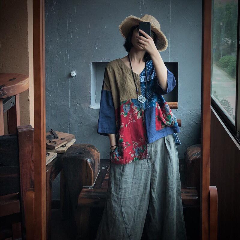 宽松短款棉麻半袖衬衫女夏季拼布