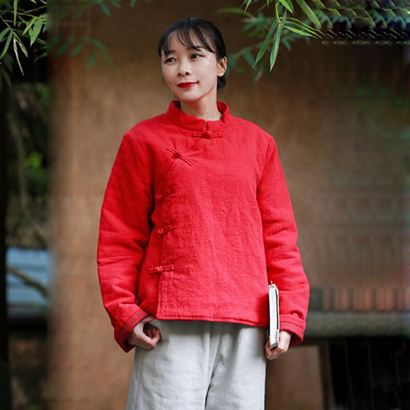 棉麻短款棉衣复古红色中式女秋冬