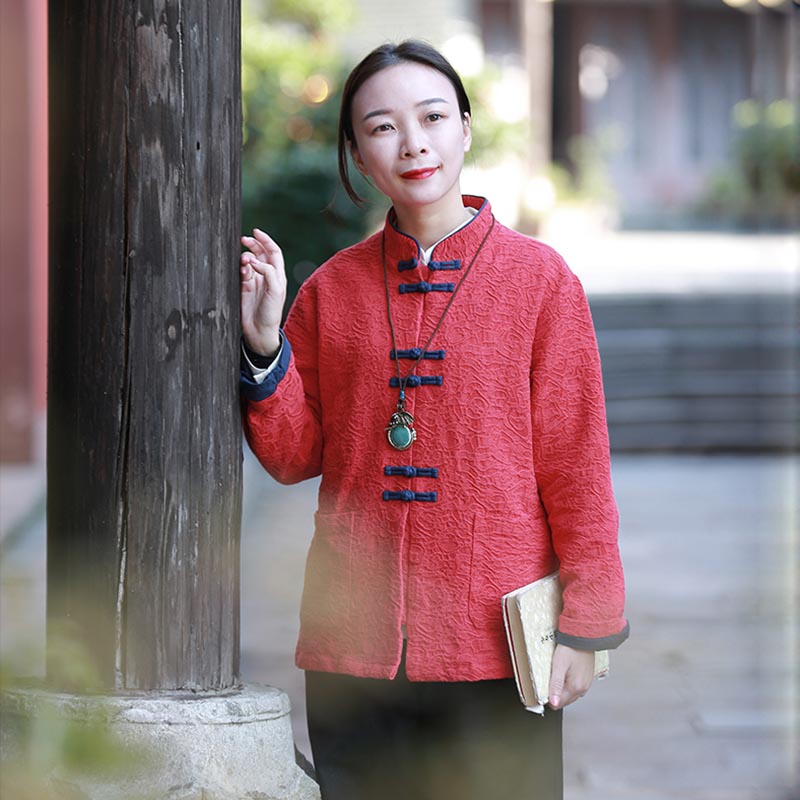 复古红色棉麻长袖双层短外套女 春秋季中式盘扣对襟宽松开衫上衣