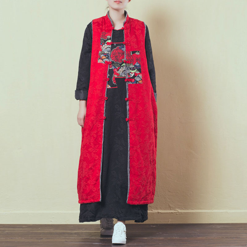 冬棉麻提花加绒长款马甲女新中式