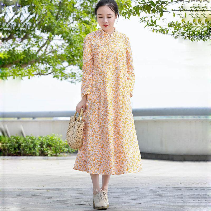 田园小碎花纯棉长袖连衣裙女 春秋复古小个子修身显瘦套头中长裙