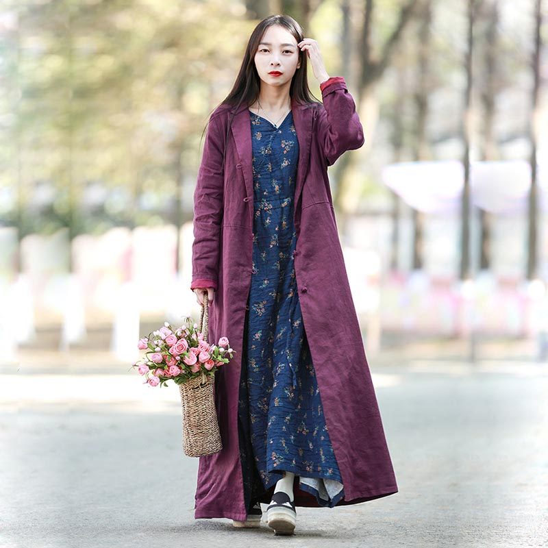 长款外套春秋宽松纯色亚麻风衣女