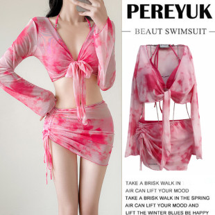 新款 度假沙滩泳装 韩国性感辣妹爆款 仙气游泳衣女bikini三件套长袖