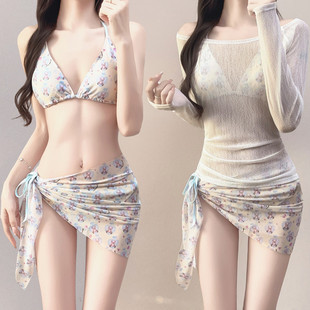 比基尼可爱分体裙四件套印花温泉游泳衣女长袖 罩衣纯欲风甜美泳装