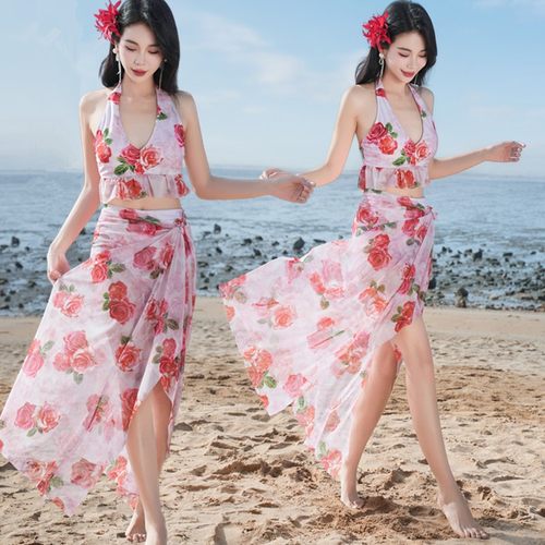 海岛波西米亚风游泳衣女分体bikini三件套长裙 性感温泉度假泳装
