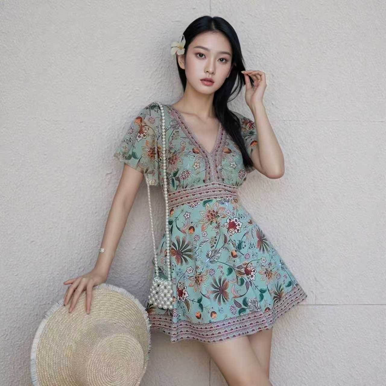 新款加大码连体裙式平角显瘦遮肚胖妹胖妞大裙泡温泉度假游泳衣