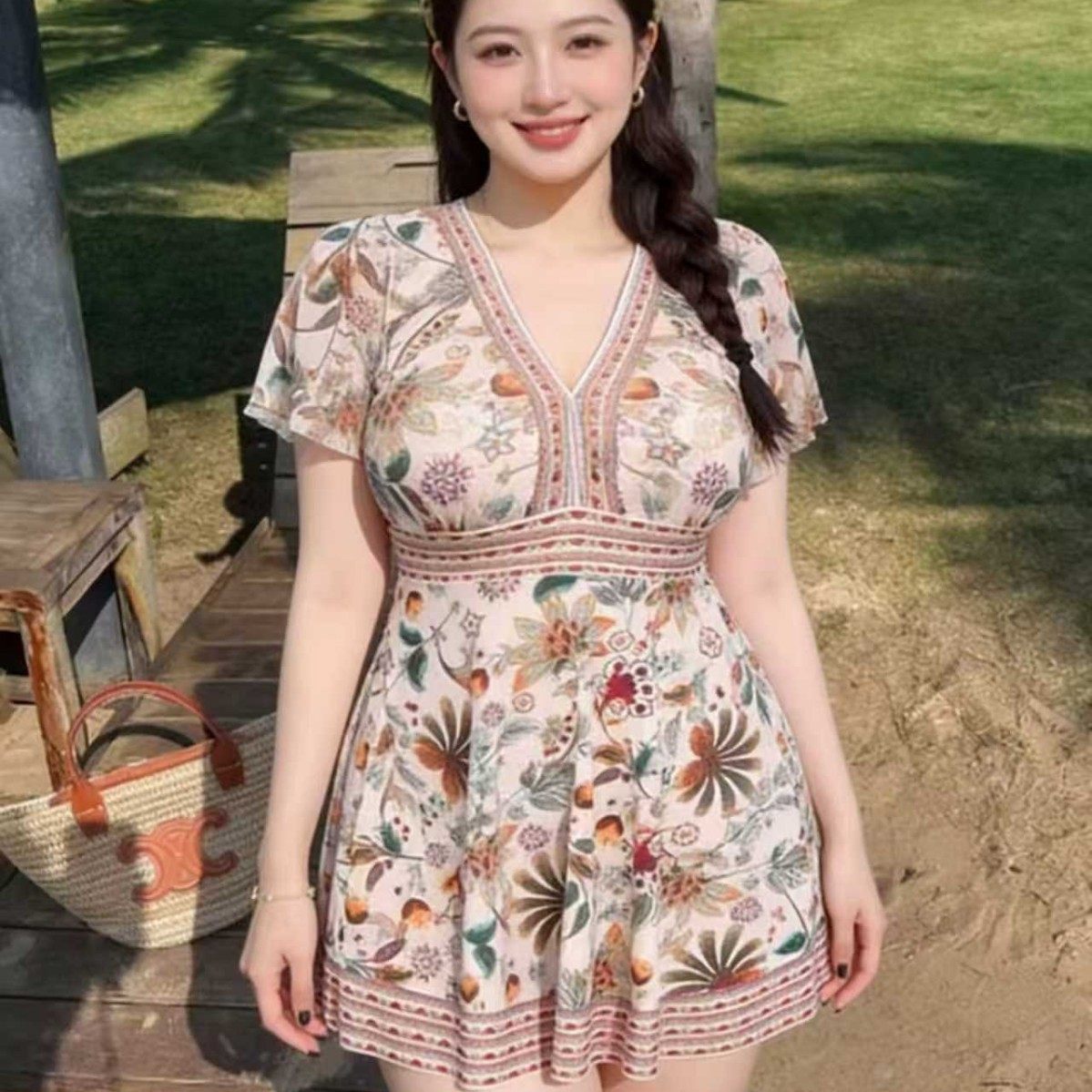 新款加大码连体裙式平角显瘦遮肚胖妹胖妞大裙泡温泉度假游泳衣