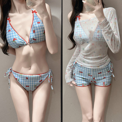 甜辣四件套比基尼分体泳衣女平角保守罩衫遮肉樱桃bikini度假泳装