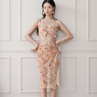 欧美范比基尼bikini分体性感高级感温泉度假三件套碎花泳衣女新款
