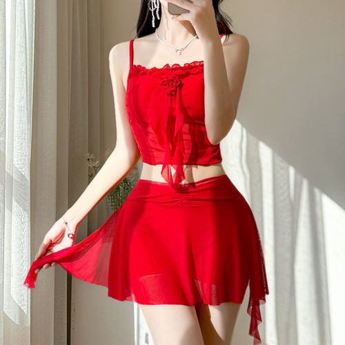 仙女游泳衣女bikini巴厘岛分体红色性感纯欲风吊带温泉新款泳装女