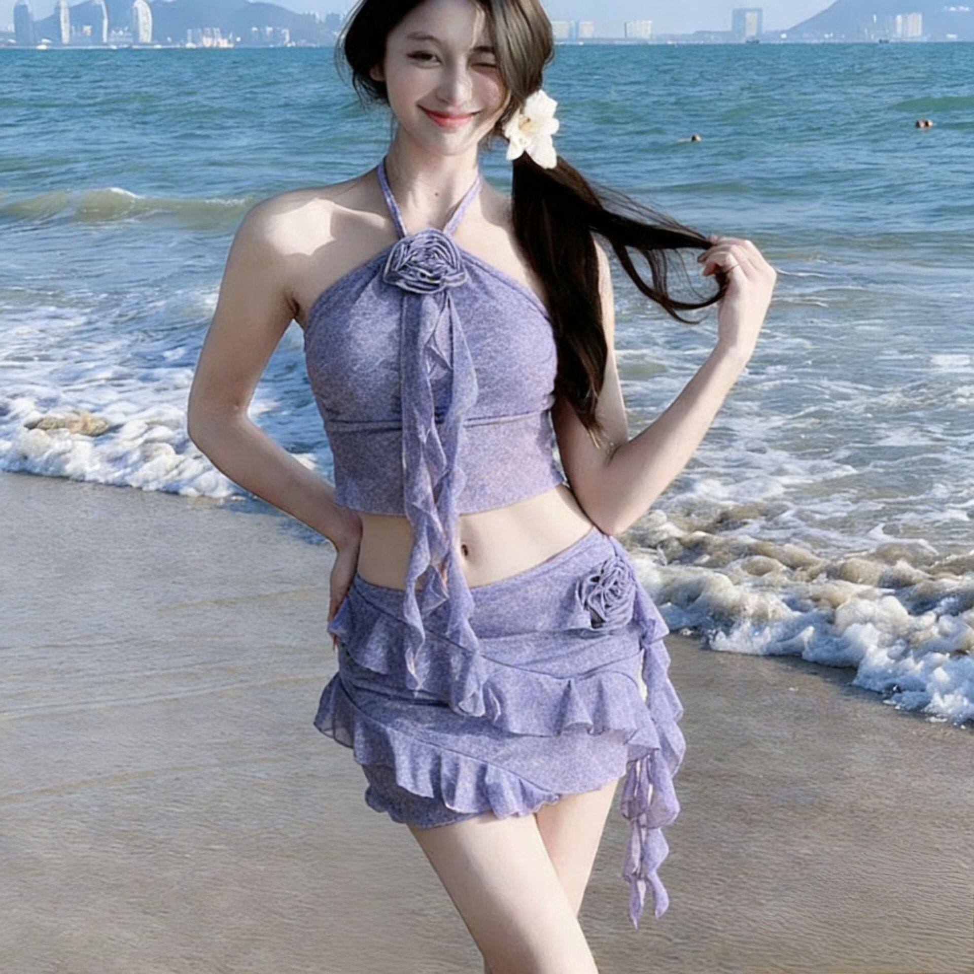 【紫系恋人】比基尼分体游泳衣女百搭温泉度假辣妹荷叶边少女泳装