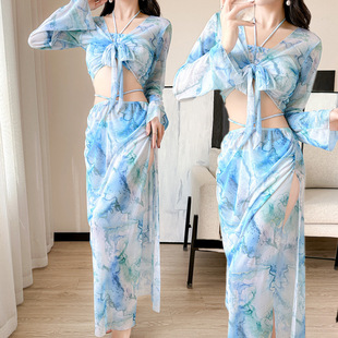 流仙裙泳衣女新款 女 分体比基尼bikini四件套温泉度假沙滩拍照泳装