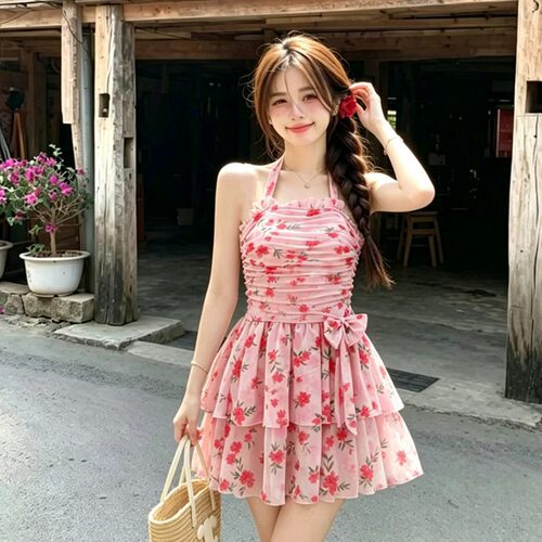 吊带碎花泳衣女成人高级感2026新款微胖遮肉女孩高颜值连体泳装女