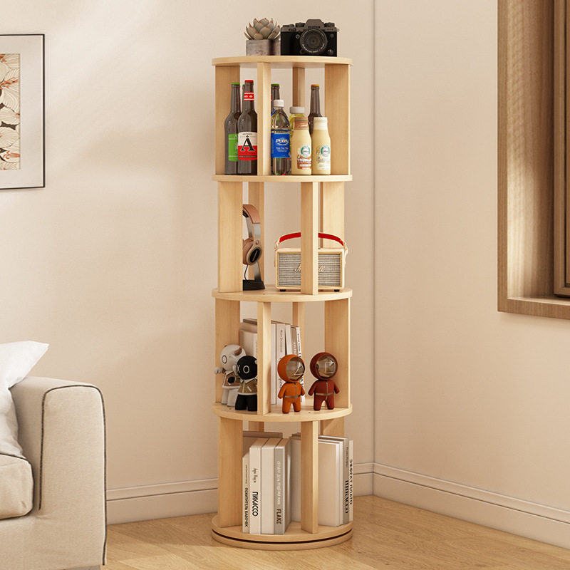 实木旋转书架家用客厅卧室整理收纳置物架儿童书房多层简易小书柜