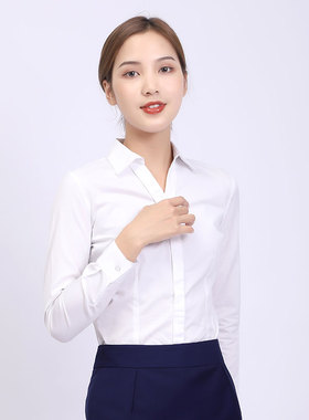 沃尔沃4S店工作服新款长袖女衬衫 V领白色职业装高品质暗门襟衬衣