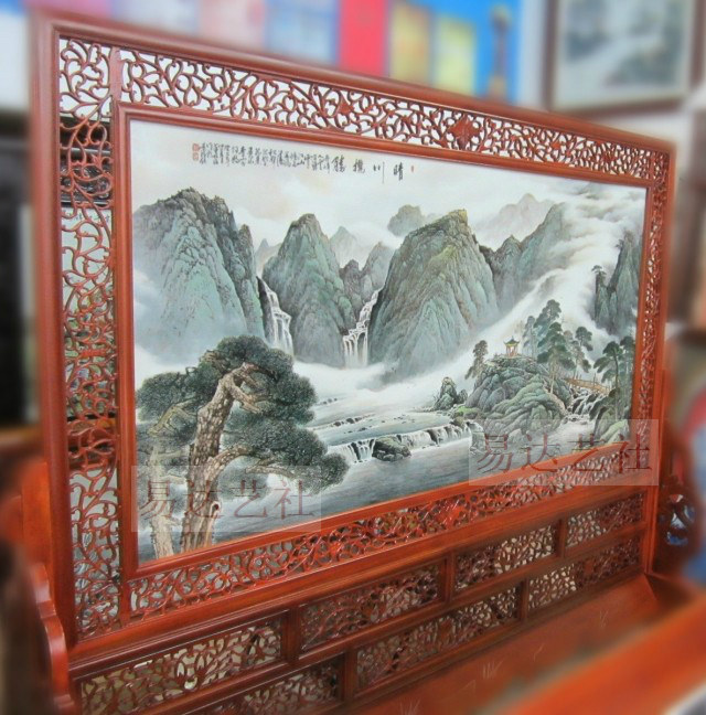 手绘落地屏风客厅隔断瓷板画