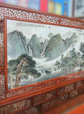 手绘落地屏风客厅隔断瓷板画
