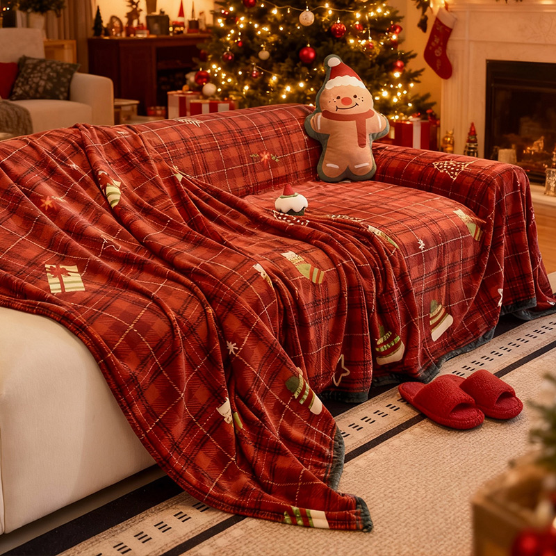 北欧圣诞节日秋冬加厚毛绒沙发盖布巾一片式懒人沙发套罩全包万能