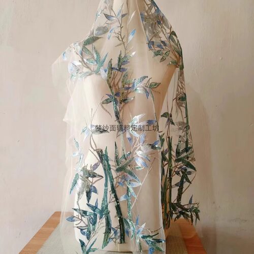 珠绣竹子亮片米珠布贴 新娘婚纱礼服装饰辅料DIY 新品上市 蓝绿色
