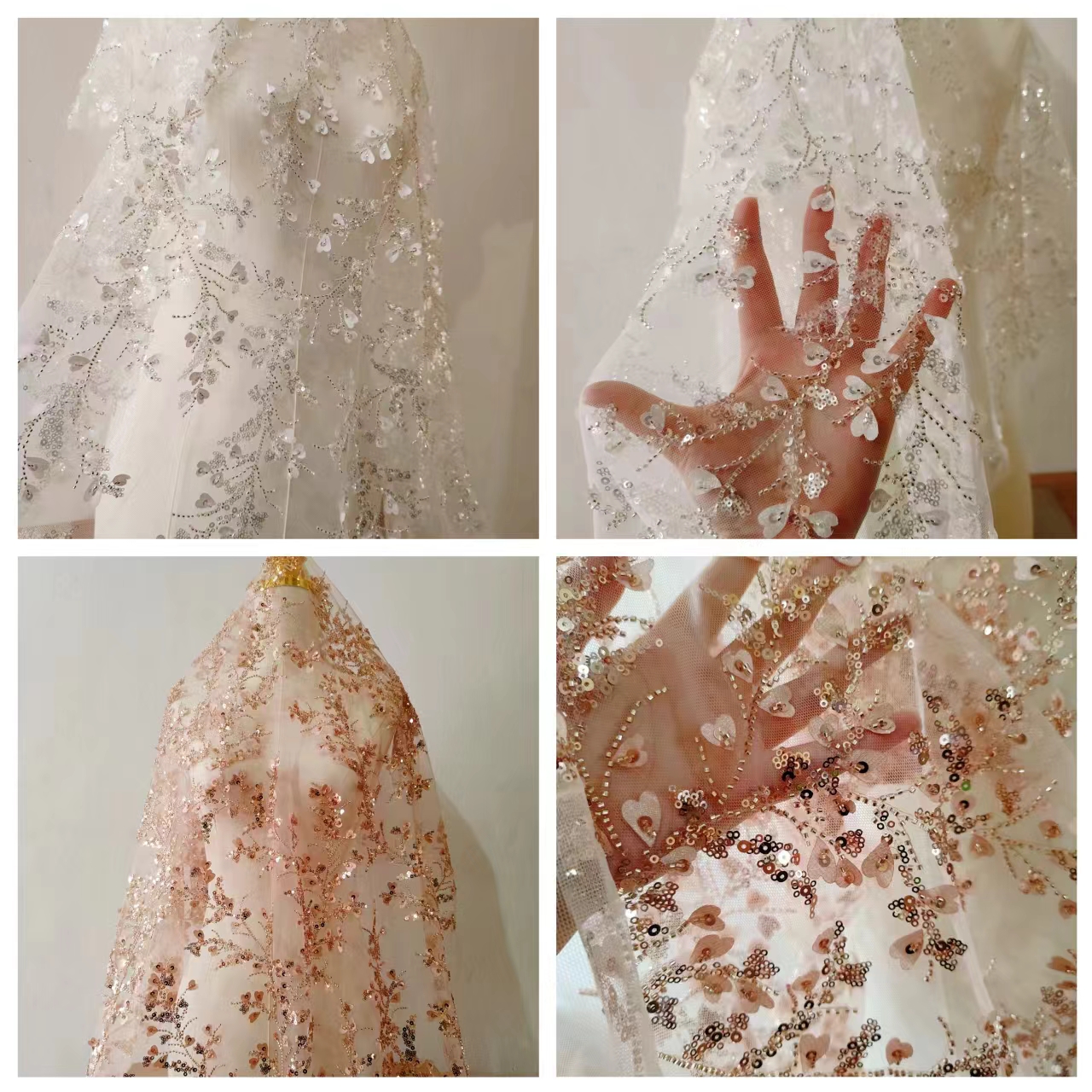 立体桃心片钉珠亮片刺绣蕾丝面料 婚纱礼服装饰花边DIY新品上市