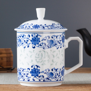 景德镇手绘陶瓷茶杯带盖办公杯家用泡茶杯老板杯青花瓷玲珑会议杯