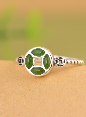 金鹿王 S925银镶碧玉大钱ins冷淡风古钱币叠加口设计女款戒指