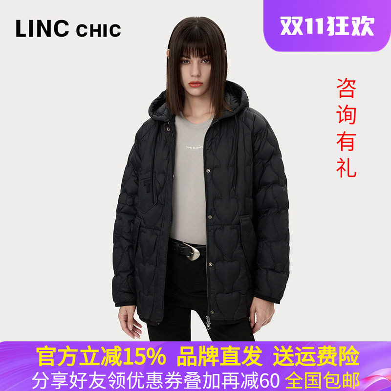 LINC金羽杰2024年秋季新款轻薄中长款连帽罩衫羽绒服女Y24802054