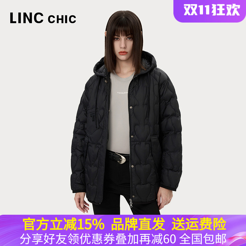 LINC金羽杰2024年秋季新款轻薄中长款连帽罩衫羽绒服女Y24802054