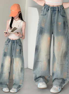 韩国女童牛仔裤春秋款2026新款儿童美式复古风涂鸦女孩阔腿弯刀裤
