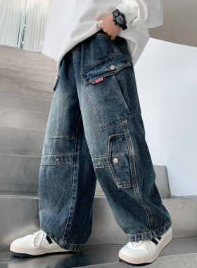 韩国潮男童工装牛仔裤春秋款2025新款中大童秋季宽松休闲男孩长裤