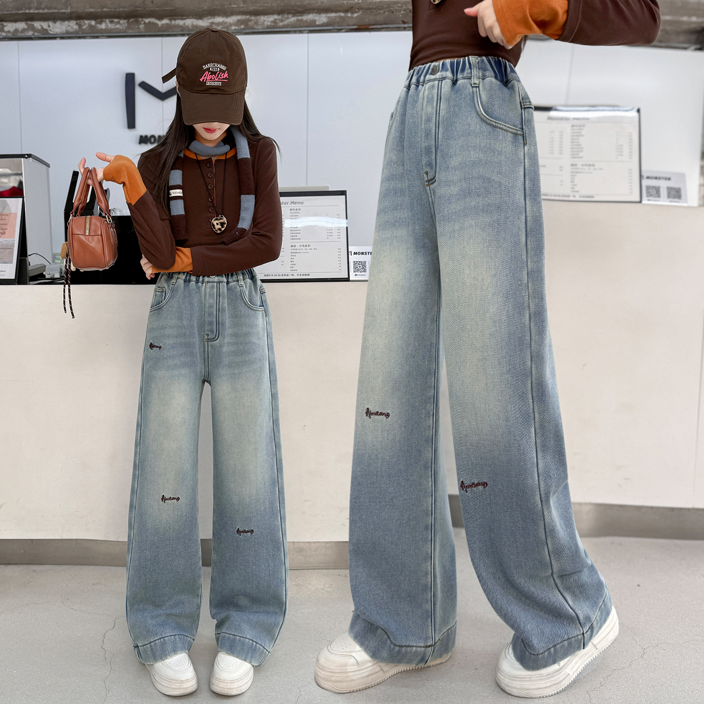 女童加绒牛仔裤冬季休闲直筒裤潮