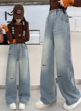 女童加绒牛仔裤冬季中大童一体绒裤子2025新款洋气女孩休闲直筒裤