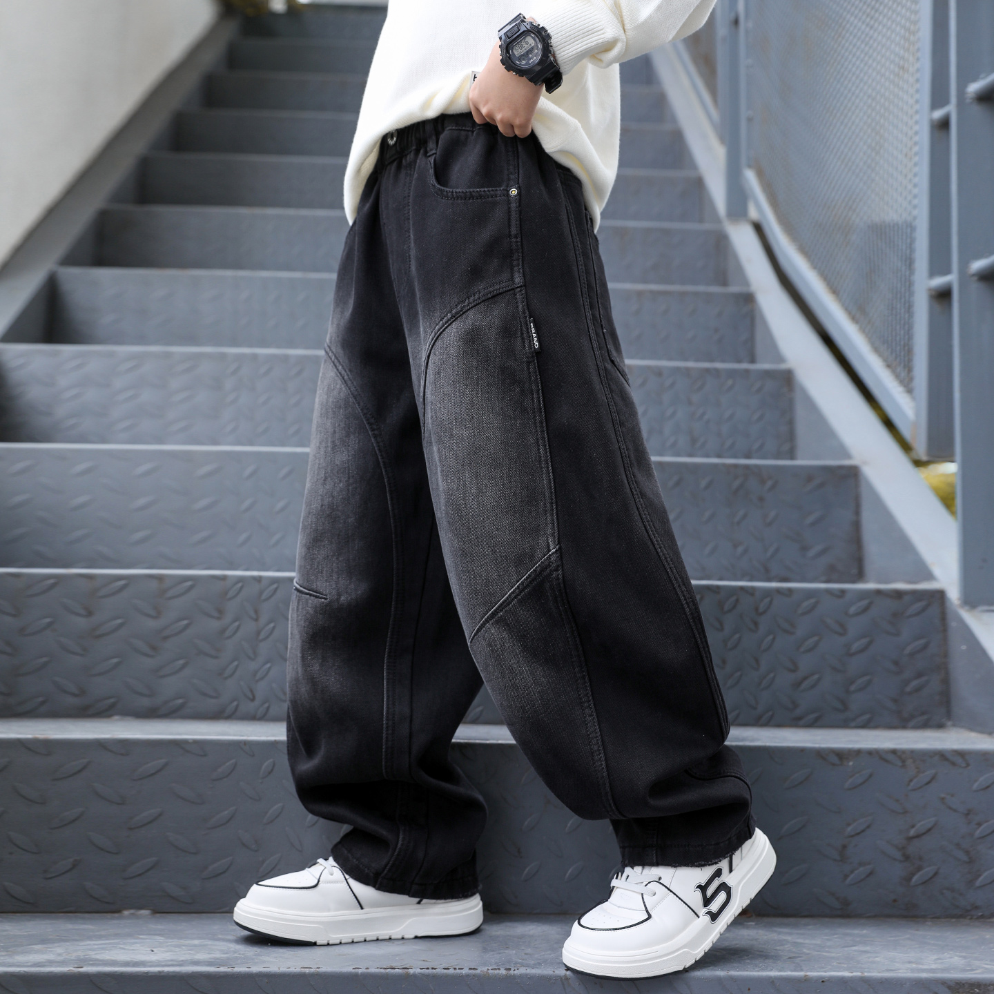 男童加绒裤子秋冬款加厚牛仔裤潮