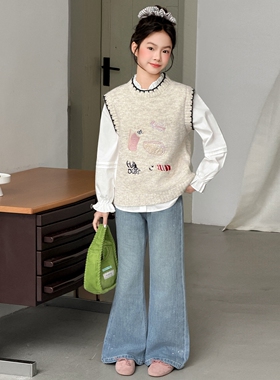 韩国女童套装春季2026新款女孩洋气时髦休闲马甲衬衫牛仔裤三件套