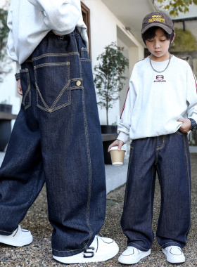 男童裤子秋冬款2025新款中大童加绒加厚直筒裤男孩一体绒牛仔裤潮