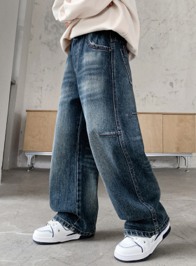 韩国潮男童牛仔裤春秋款2025新款中大童秋季直筒裤男孩宽松休闲裤