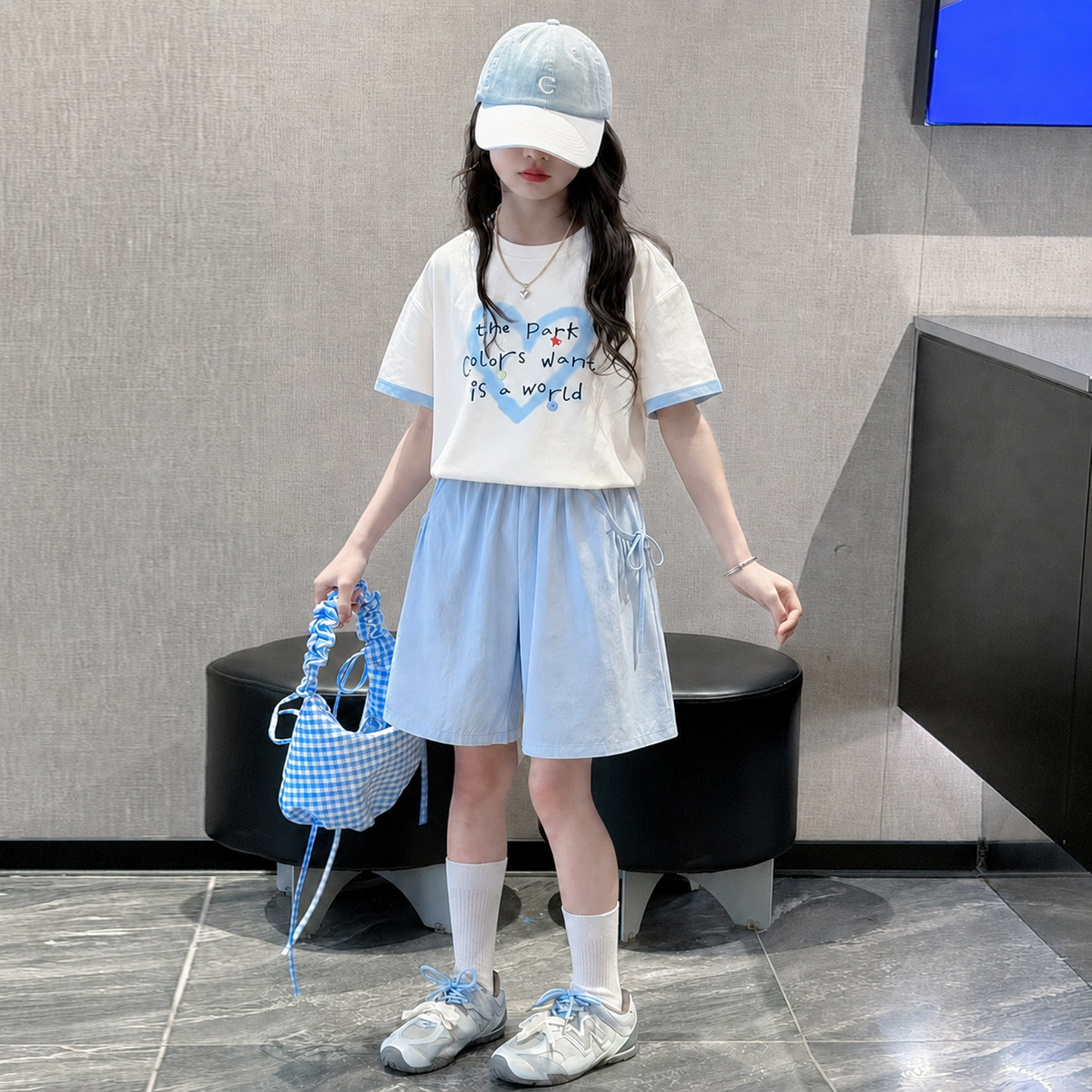 女童短袖套装爱心t恤夏装2026新款儿童短裤两件套休闲韩版超好看9