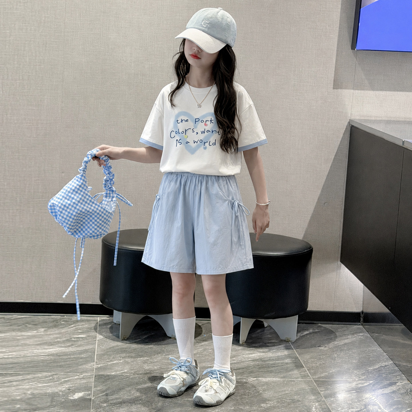 女童短袖套装爱心t恤夏装2026新款儿童短裤两件套休闲韩版超好看9