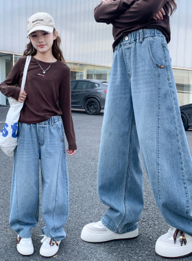 韩国女童牛仔裤春装2026新款洋气时髦中大童春装宽松阔腿直筒长裤