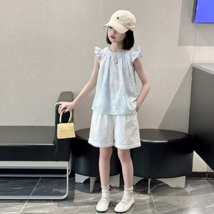 韩国女童夏装套装扎染无袖上衣2026新款飞袖薄时尚儿童短裤两件套