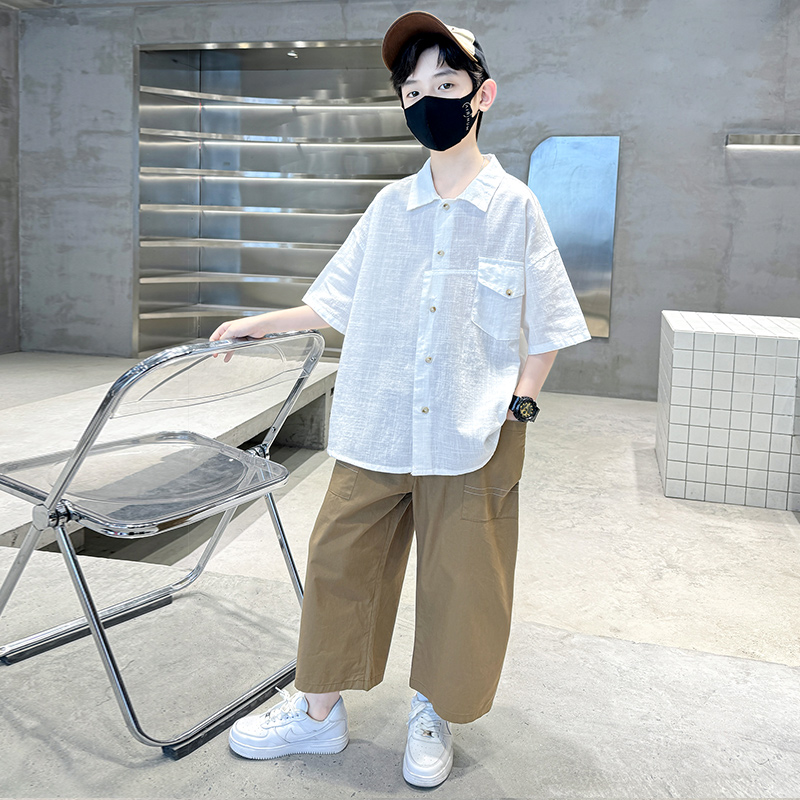 韩国潮男童衬衣套装短袖夏装衣服