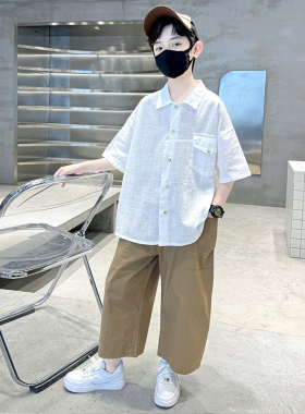 韩国潮男童衬衣套装短袖夏装2024新款儿童九分裤两件韩版帅气衣服