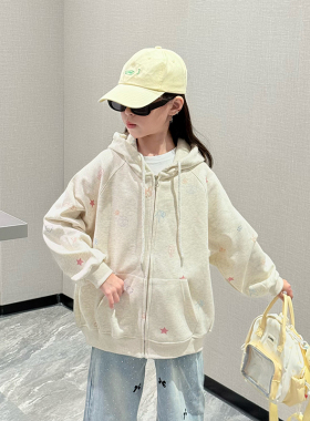 女童卫衣外套春秋款2025新款中大儿童洋气时髦孩女连帽开衫上衣秋