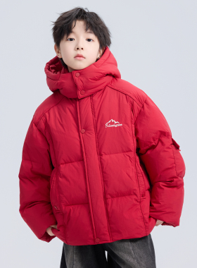 男童红色羽绒服冬季拜年服2025新款中大童白鸭绒加厚冬装保暖外套