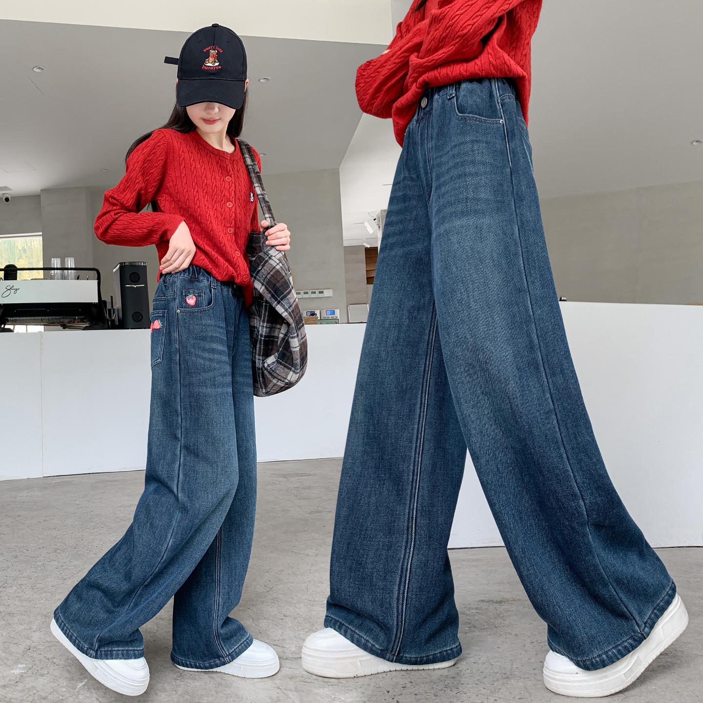 女童牛仔裤加绒秋冬款加厚直筒裤