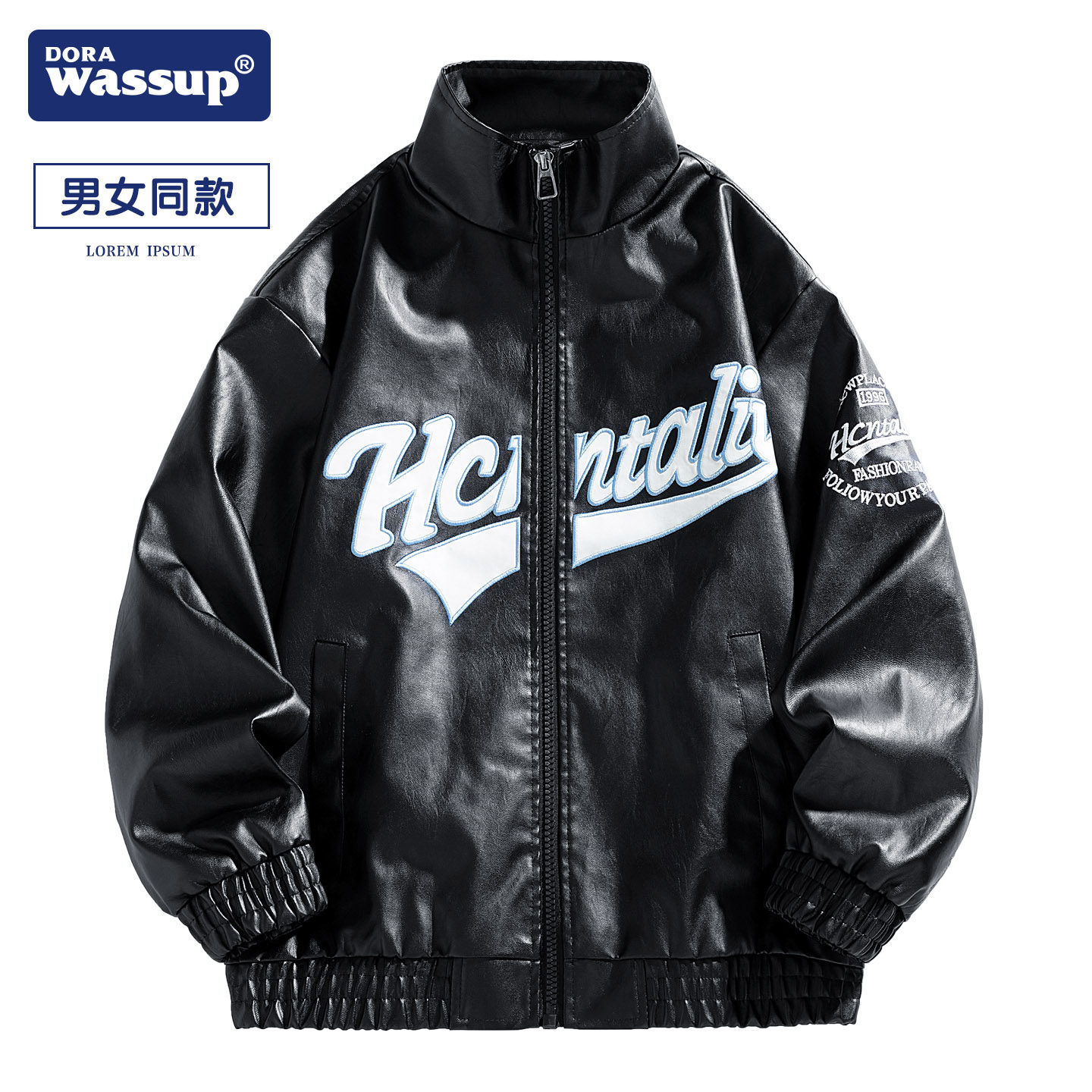 DORA WASSUP立领皮夹克男春秋季潮牌绣花开衫外套美式皮衣机车服